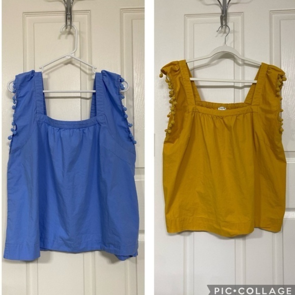 Bundle of 2 J. Crew Factory Women's Squareneck Pom Pom Tank Top Gold Yellow Blue